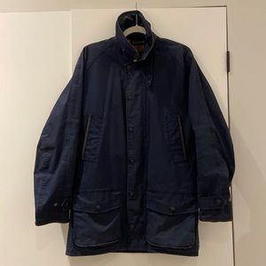 Barbour trench coat. Navy blue with brown leather detailing.